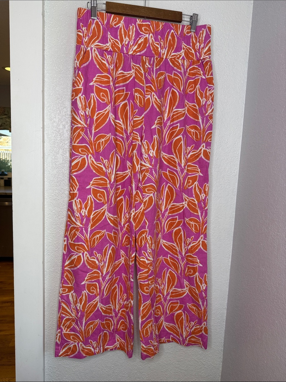 Sincerely Jules Tropical Pink Orange Linen Blend Wide Leg palazzo Pants Pockets